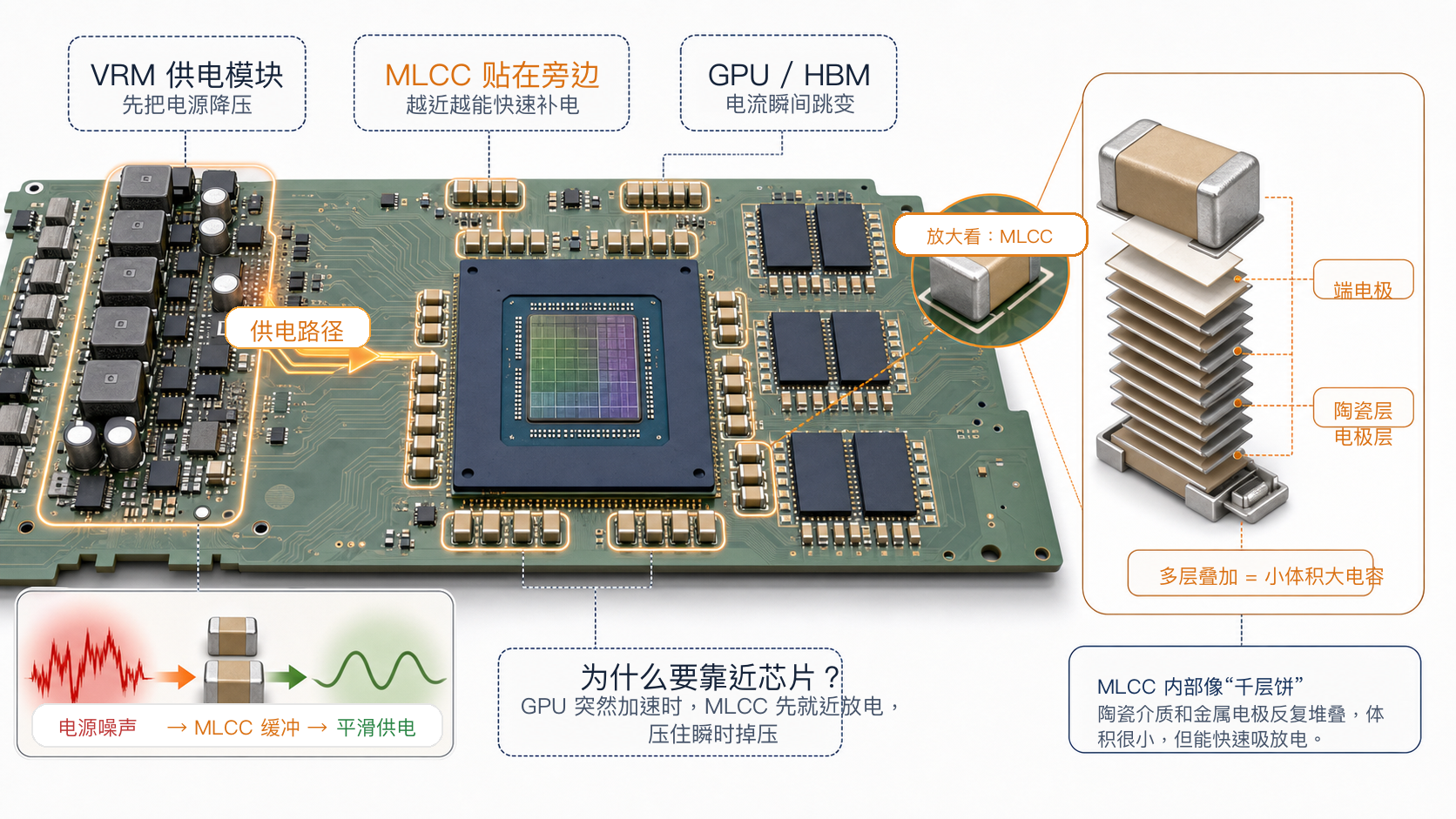 AI GPU 板卡上 MLCC 靠近 GPU HBM 和 VRM 放置并拆解内部层叠结构的中文示意图