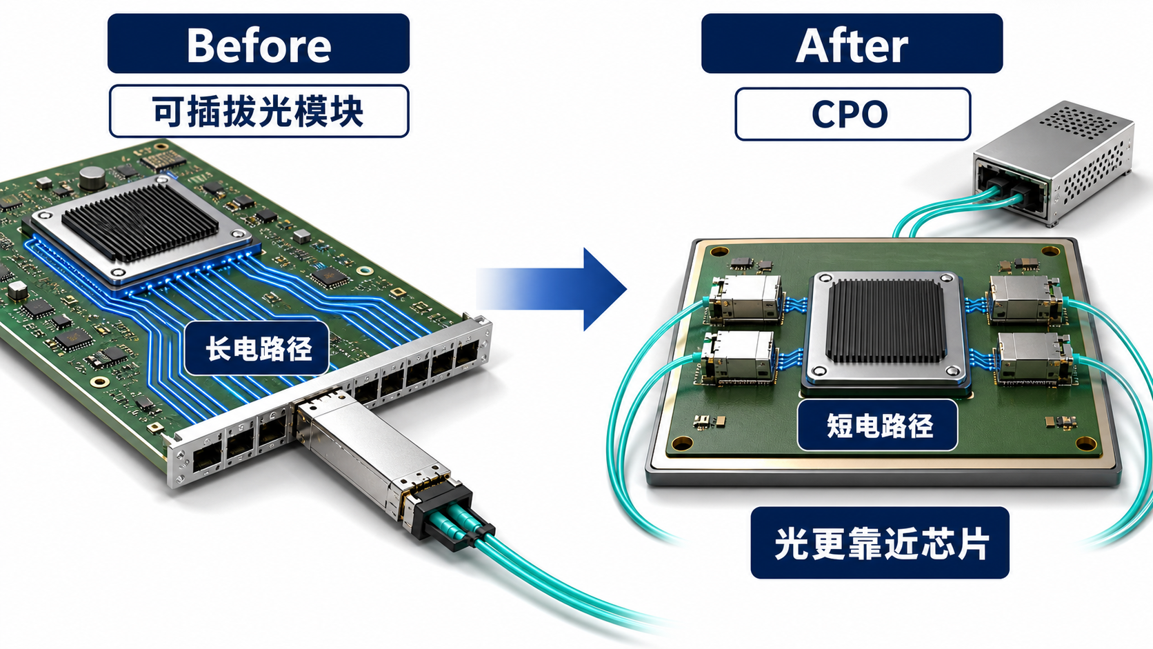 可插拔光模块与 CPO 的 Before After 对比